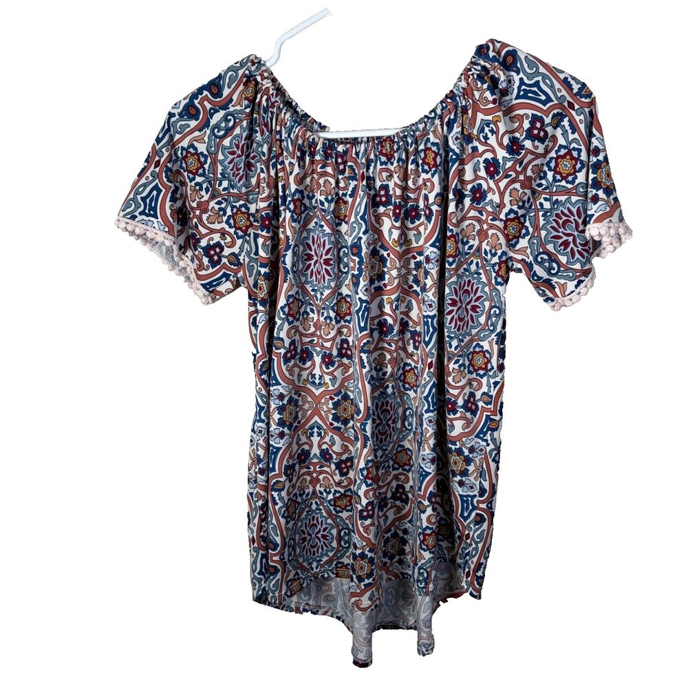 SJS Blouse Women's Medium Round Neck Printed Short Sleeve Boho Lace Top